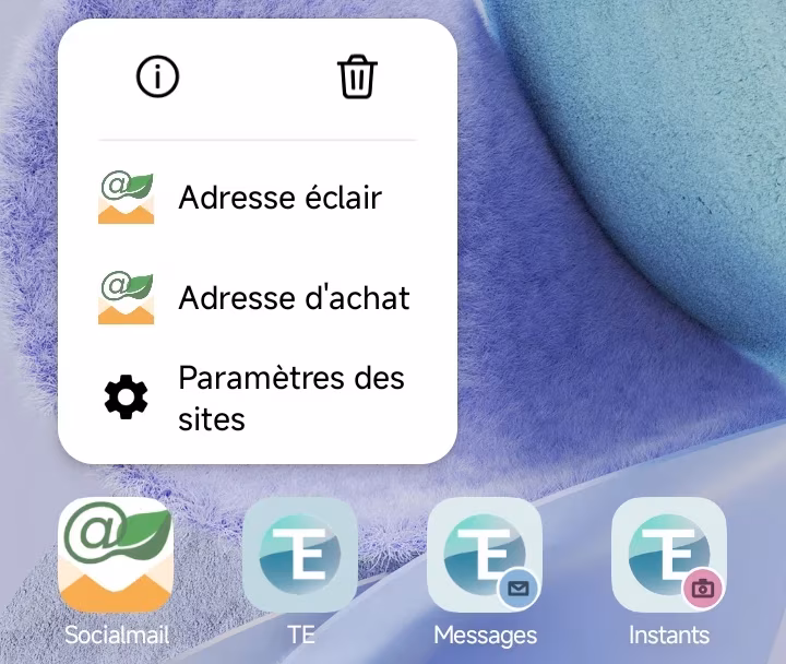 Écran d'accueil d'un téléphone Android : un appui long sur l'icône Socialmail ouvre un menu avec « Adresse éclair » et « Adresse d'achat ».